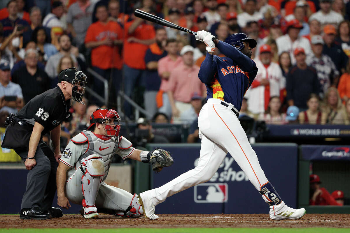 HOUSTON, TEXAS - NOVEMBER 05: Yordan Alvarez #44 of the Houston Astros hits a three-run home run against the Philadelphia Phillies during the sixth inning in Game Six of the 2022 World Series at Minute Maid Park on November 05, 2022 in Houston, Texas. (Photo by Harry How/Getty Images)