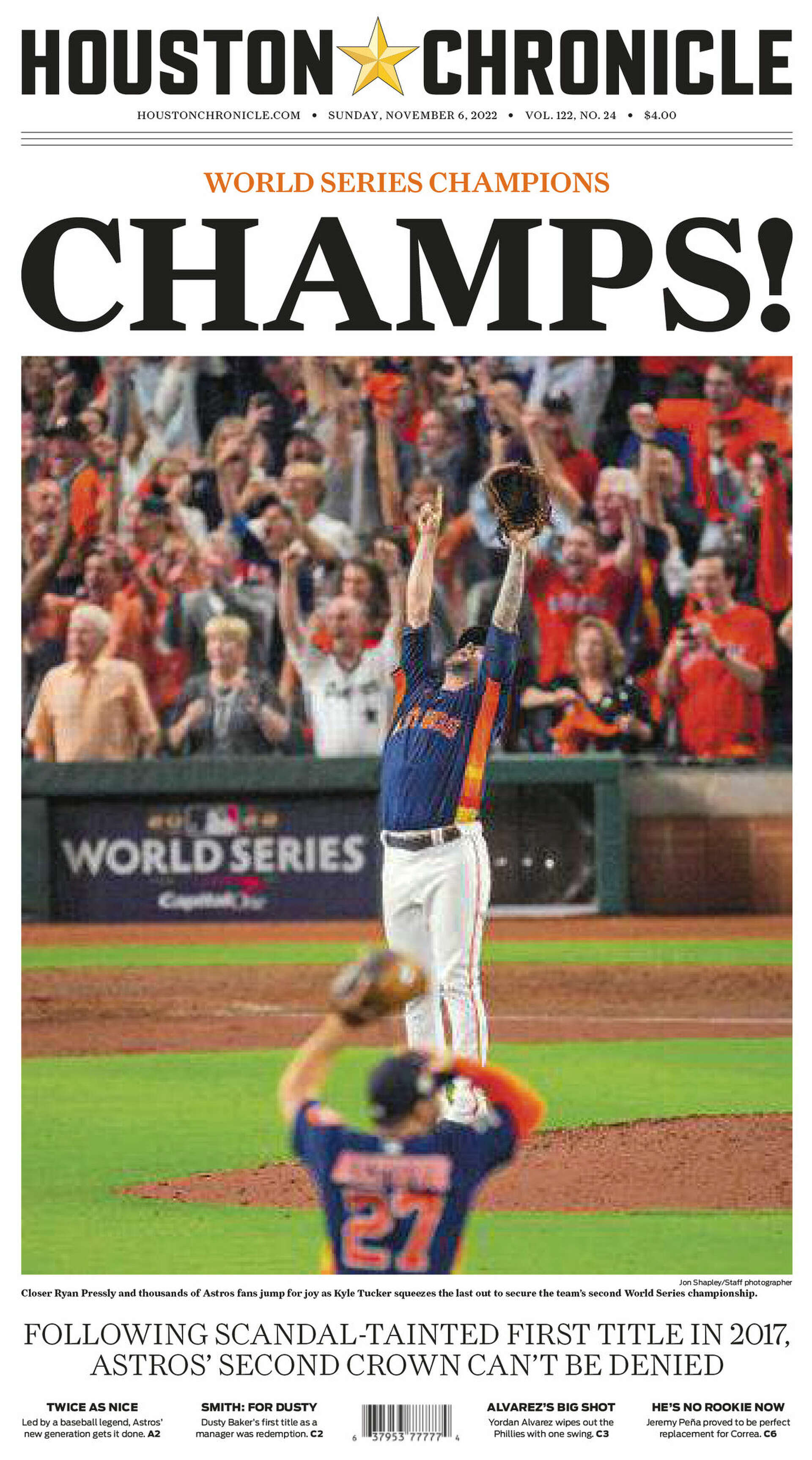 Houston Astros 2022 World Series authentic Houston Chronicle Newspaper