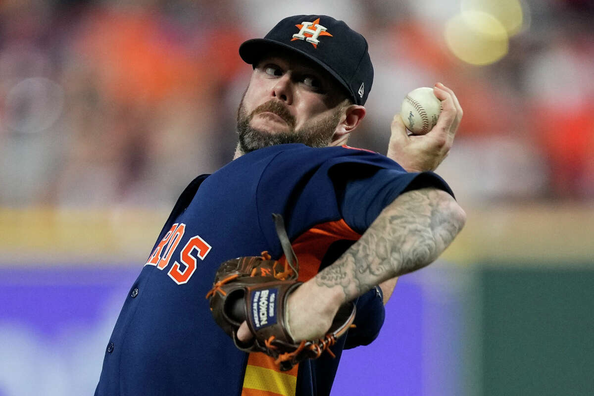 Houston Astros relief pitcher Ryan Pressly (55) delivers in the ninth inning of Game 6 of the World Series at Minute Maid Park on Saturday, Nov. 5, 2022, in Houston.