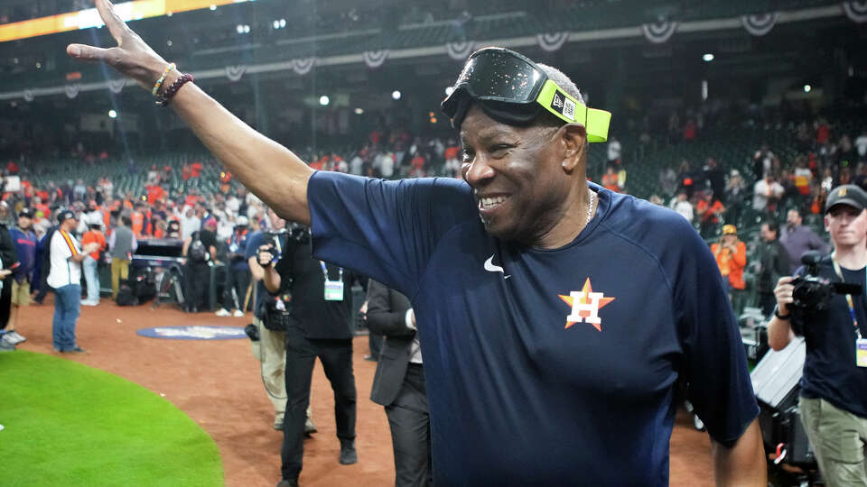 Houston Astros manager Dusty Baker Jr. celebrates after the Astros won the World Series over the Philadelphia Phillies at Minute Maid Park on Saturday, Nov. 5, 2022, in Houston.