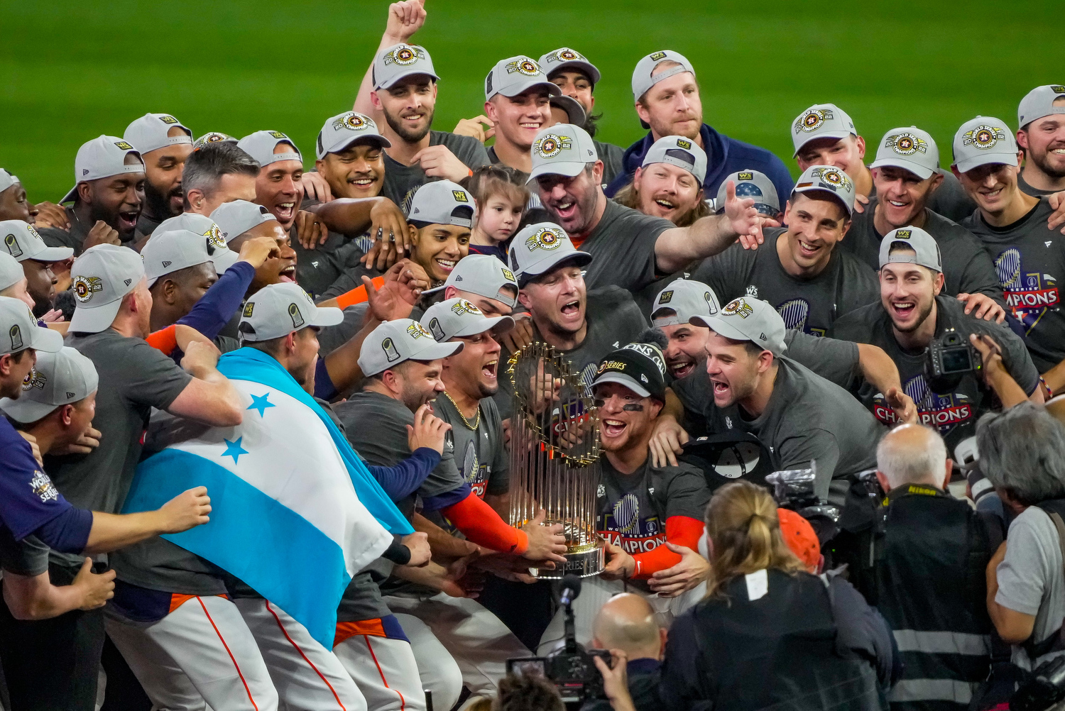 Houston Astros' Jose Altuve and Jake Marisnick celebrate after Game 7 of  baseball's World Series against the Los Angeles Dodgers Wednesday, Nov. 1,  2017, in Los Angeles. The Astros won 5-1 to