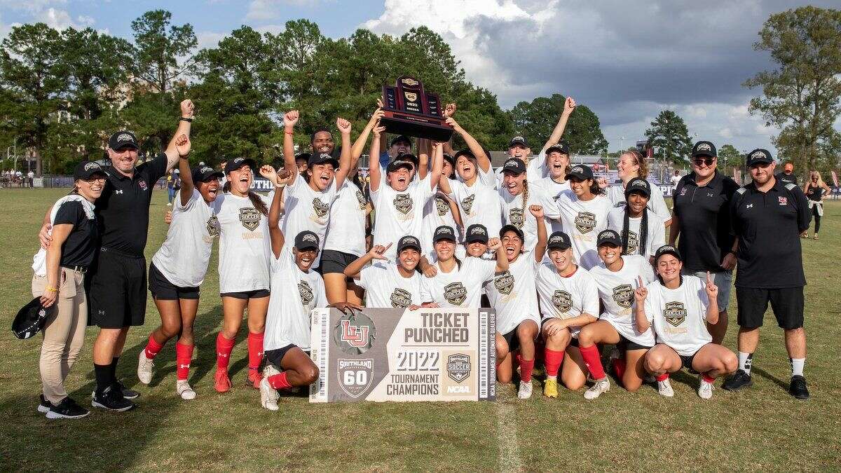The Lamar University soccer team celebrates after winning the Southland Conference tournament on Sunday in Natchitoches, Louisiana. 