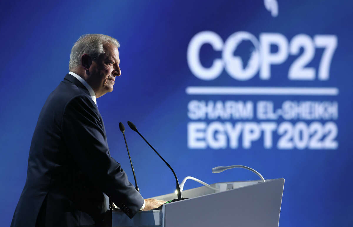 Al Gore speaks during the Sharm El-Sheikh Climate Implementation Summit (SCIS) of the UNFCCC COP27 climate conference on November 07, 2022 in Sharm El Sheikh, Egypt.