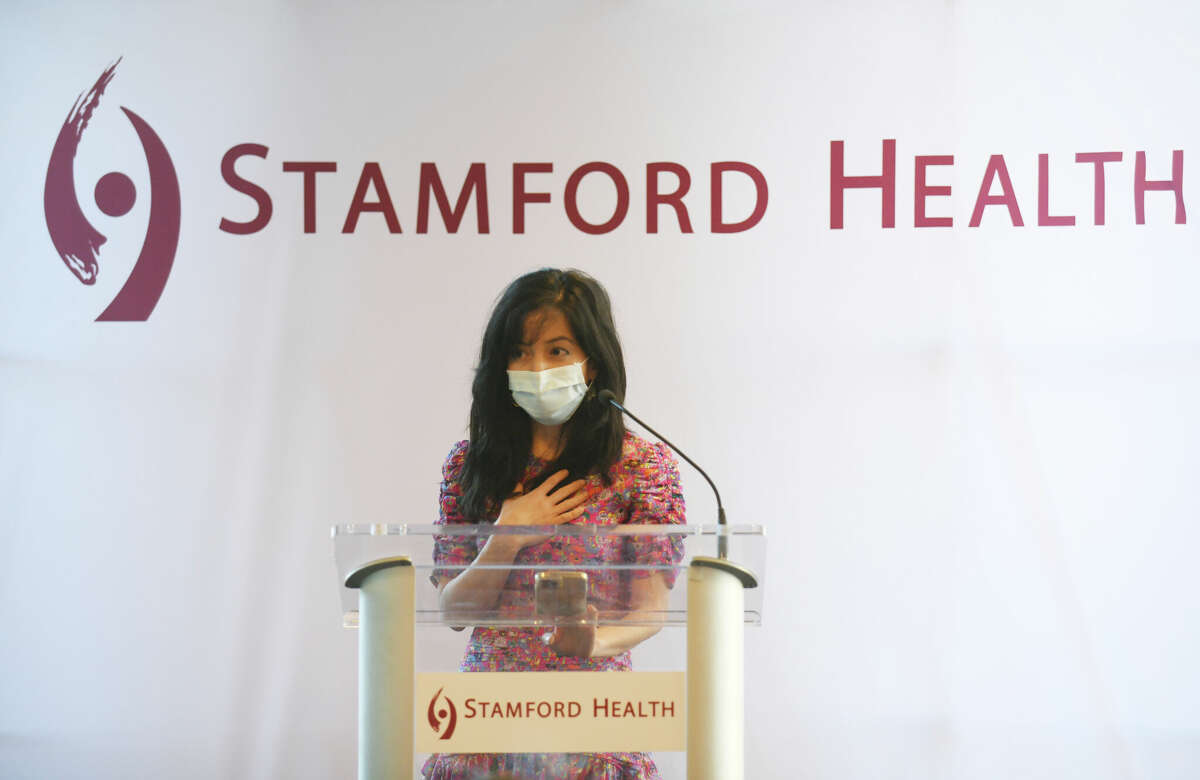 Stamford Health Breast Center Co-Director Dr. Mia Kazanjian announces a $10 million donation from Odyssey Group Foundation at the Stamford Health Tully Health Center in Stamford, Conn. Monday, Nov. 7, 2022. Odyssey Group Foundation's $10 million donation will support Stamford Health's new Breast Center at the Tully Health Center.