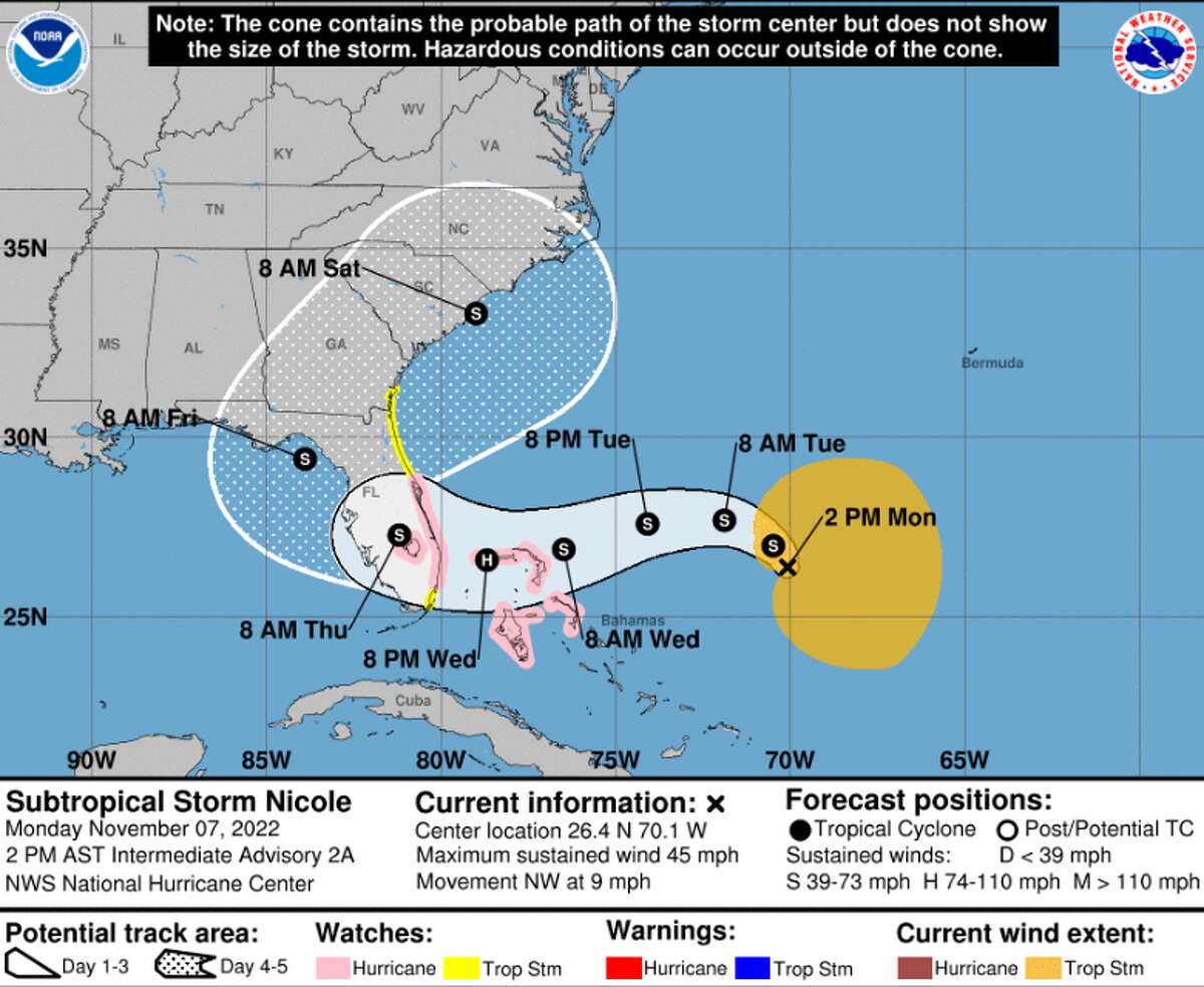 Subtropical Storm Nicole's expected track, Nov. 7, 2022.