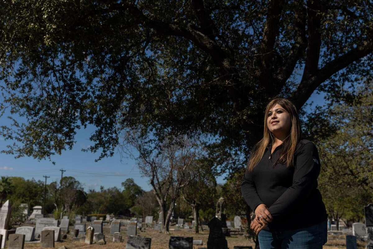 Roxana “Roxie” Vargas is pictured at St. Mary's Catholic Cemetery in San Antonio, TX, on Oct. 29, 2022. Juan Vargas, an Aztec Indian from Mexico, didn't fight in the Texas Revolution but was forced into service to help in the aftermath of the 1836 Battle of the Alamo, burying Mexican soldier and treating the wounded and assembling funeral pyres to burn bodies of the roughly 200 fallen Texian and Tejano defenders of the fort. He lived to be 115 and had a large impact on San Antonio in his lifetime.