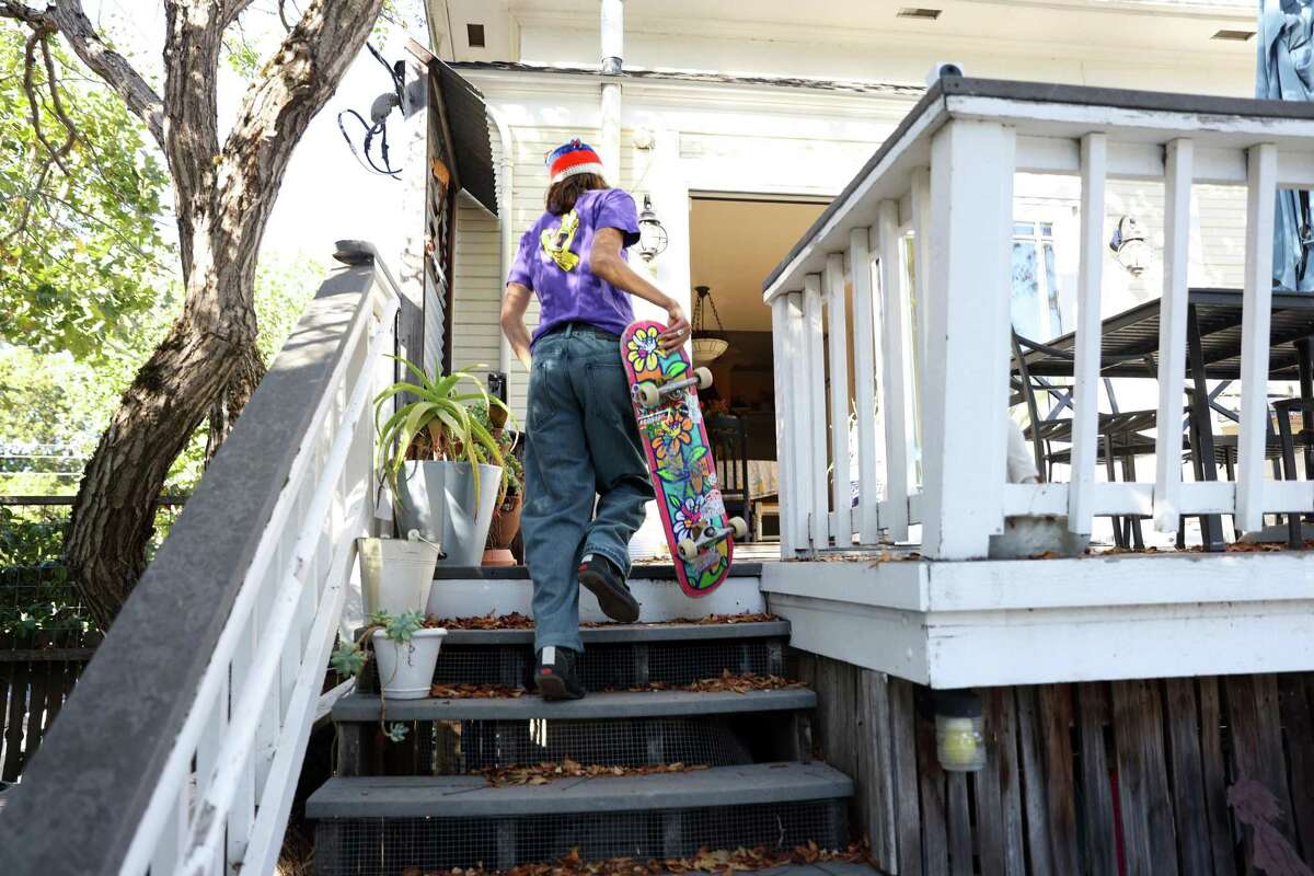 Minna Stess, a 16-year-old Olympic hopeful skateboarder, heads back inside after practicing on the backyard skatepark at her family’s home in Petaluma, Calif., on Tuesday, September 27, 2022.