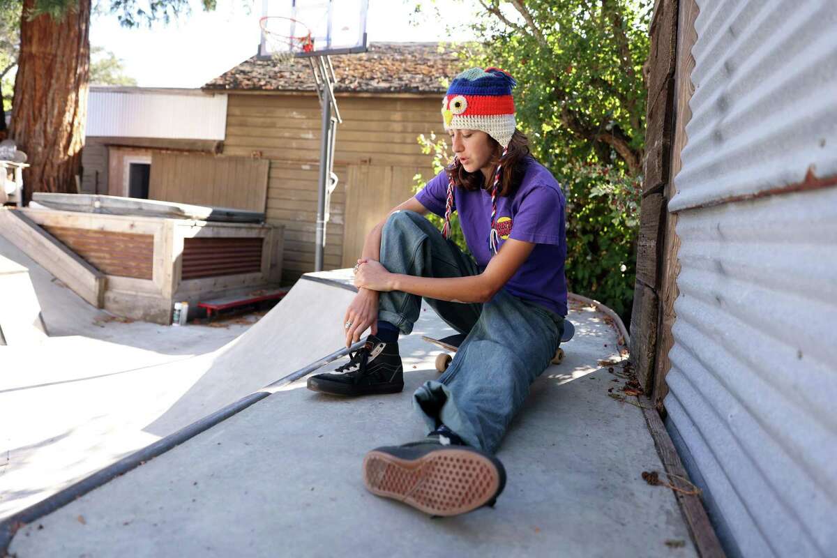 Minna Stess, a 16-year-old Olympic hopeful skateboarder, takes a break while practicing tricks at her backyard skatepark at her home in Petaluma, Calif., on Tuesday, September 27, 2022.