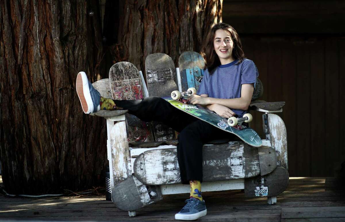 PETALUMA, CALIFORNIA - MAY 19: 14-year-old Olympic hopeful skateboarder Minna Stess trains in her backyard on May 19, 2020 in Petaluma, California. While most of the skateparks in California remain closed due to the coronavirus, Stess is able to continue training in her backyard, which was converted into a skatepark by her family eight years ago. Stess hopes to make the U.S. Olympic team in skateboarding, which will make its debut at the Olympics in Tokyo in 2021, after the Games were postponed this summer due to COVID-19. (Photo by Ezra Shaw/Getty Images)