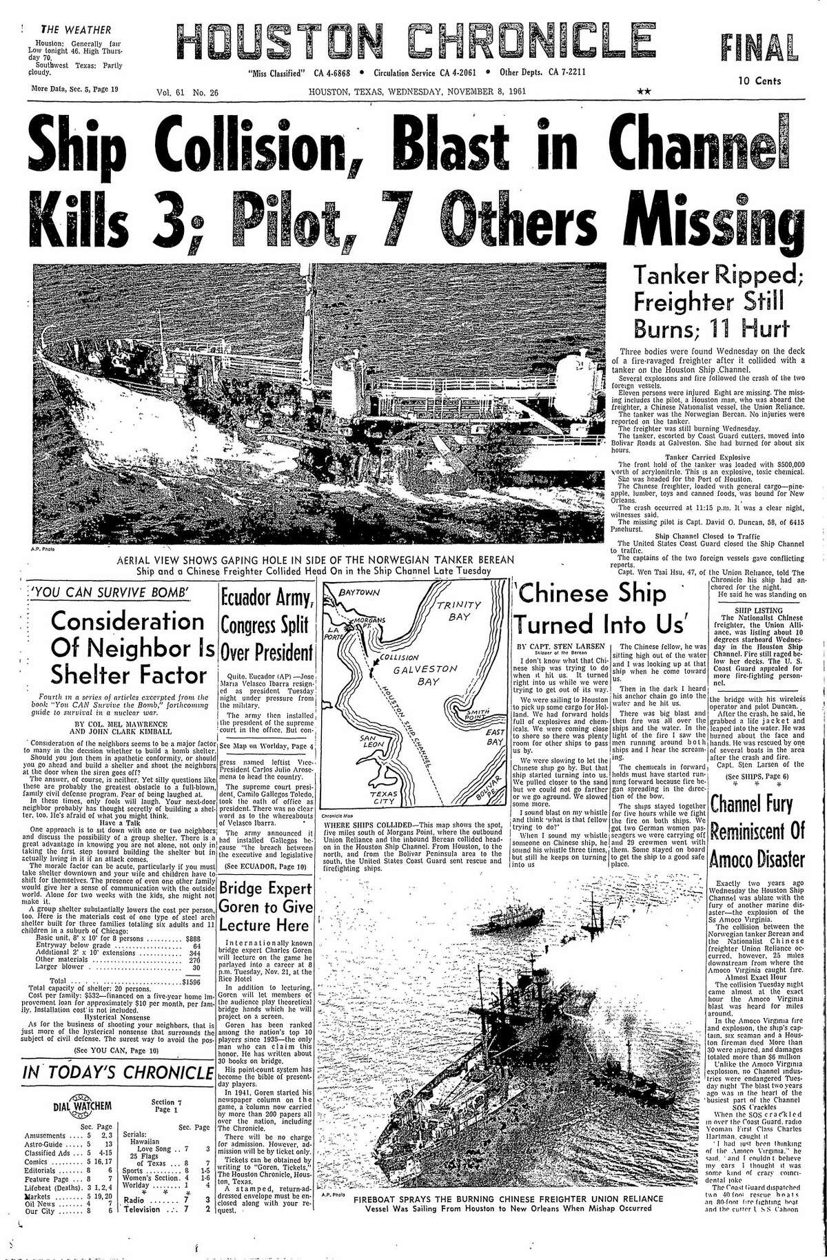 Houston Chronicle front page for Nov. 8, 1961.