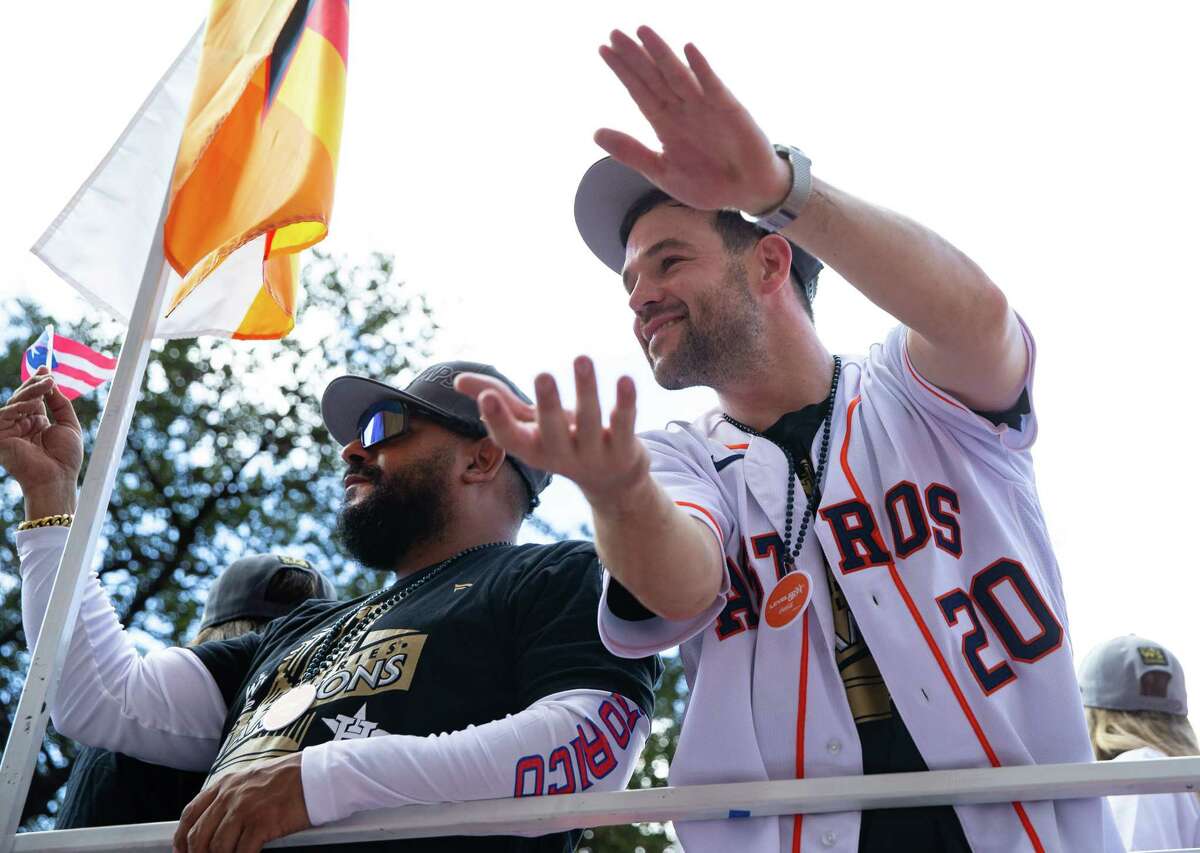 Houston Astros left fielder Chas McCormick does the Chas Chomp during the 2022 World Series Championship Parade Monday, Nov. 7, 2022, in downtown Houston.
