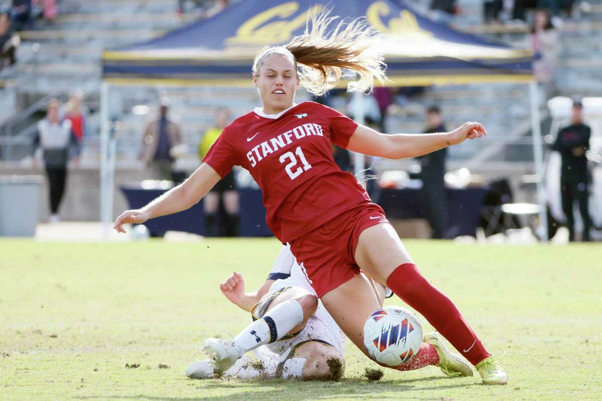 Stanford Cardinal defender Paige Rubinstein (21) blocks the shot with her body during a women’s soccer game against the California Golden Bears at Edwards Stadium in Berkeley, Calif., Friday, Nov. 4, 2022. The game ended in a 1-1 draw.