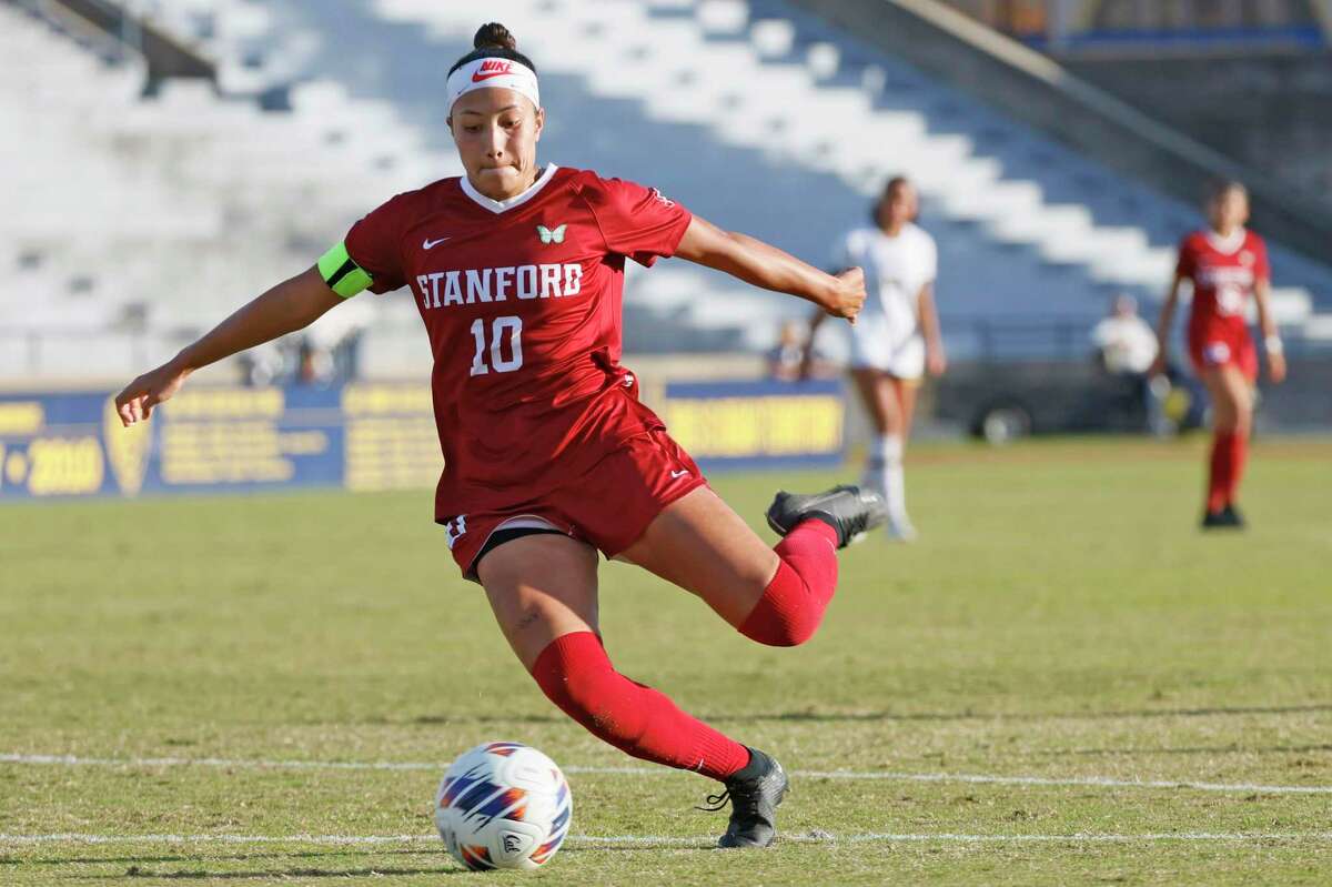 Stanford Cardinal midfielder Maya Doms (10) strikes the ball towards goal during a women’s soccer game against the California Golden Bears at Edwards Stadium in Berkeley, Calif., Friday, Nov. 4, 2022. The game ended in a 1-1 draw.