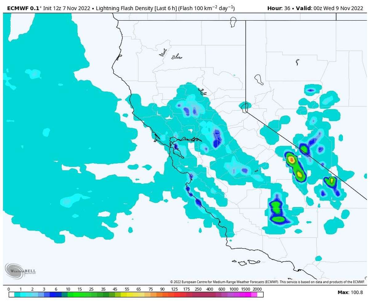 The European model’s lightning flash density averaged out for Tuesday afternoon. Isolated thunderstorms will be possible everywhere in the Bay Area and along the Sacramento Valley today. The highest chances for lightning strikes will be along the Big Sur Coast, the Santa Cruz Mountains, the East Bay hills and the Sacramento metro. Lightning will also be possible near the Sierra Nevada foothills.