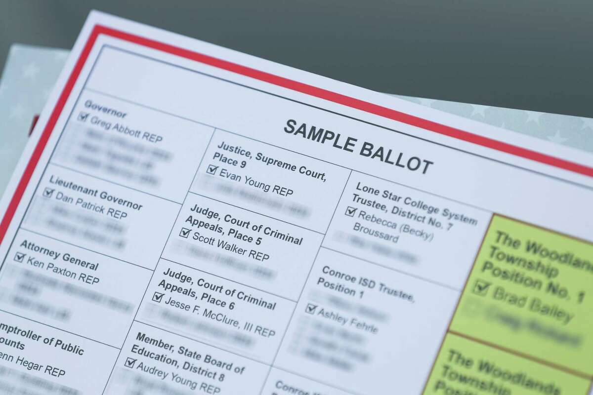 A sample ballot is seen during early voting at the South Montgomery County Community Center, Wednesday, Nov. 2, 2022, in The Woodlands.