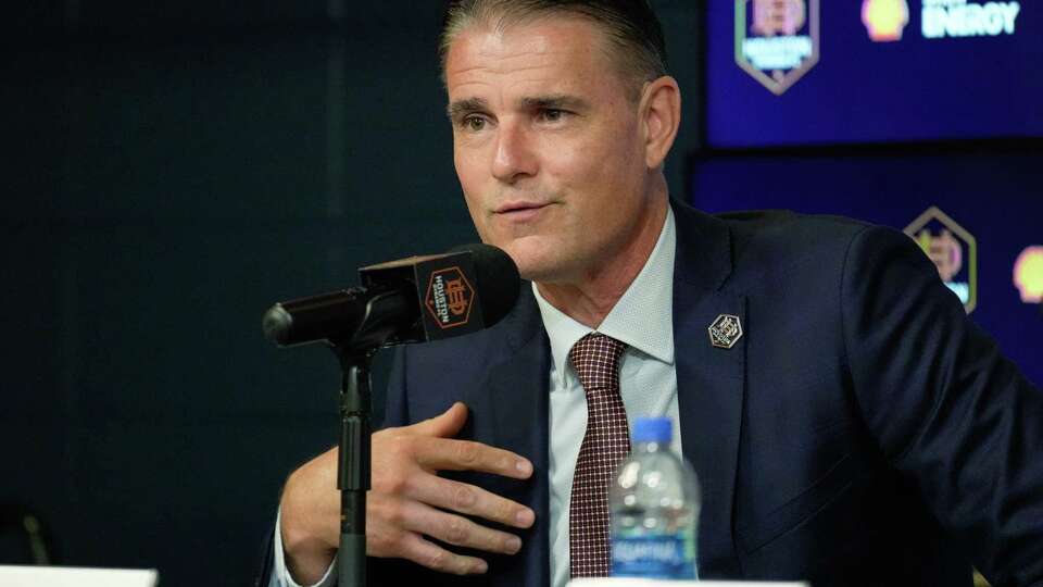 Houston Dynamo General Manager Pat Onstad talks about hiring new head coach Ben Olsen to join the club during a press conference Tuesday, Nov. 8, 2022, at PNC Stadium in Houston.