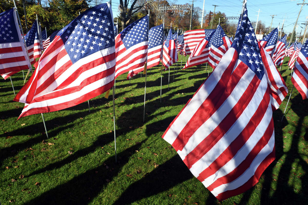 The Field of Valor, including hundreds of American flags honoring military veterans, is once again on display at Jennings Park, in Fairfield, Conn. Nov. 8, 2022.