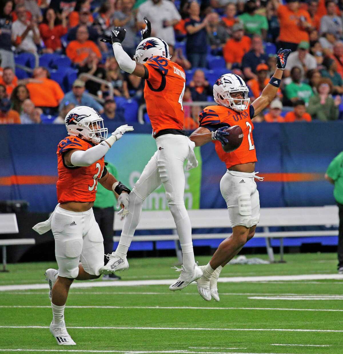 SAN ANTONIO, TX - OCTOBER 22: Corner back Corey Mayfield Jr. #2 of the UTSA Roadrunners celebrates a interception against North Texas Mean Green in the second half at the Alamodome on October 22, 2022 in San Antonio, Texas. (Photo by Ronald Cortes/Getty Images)