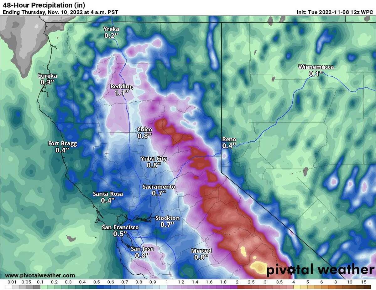 Il totale delle precipitazioni è previsto per oggi, con solo mezzo pollice possibile a San Francisco e altri otto decimi di pollice a San Jose prima che questo sistema temporalesco si dissolva.