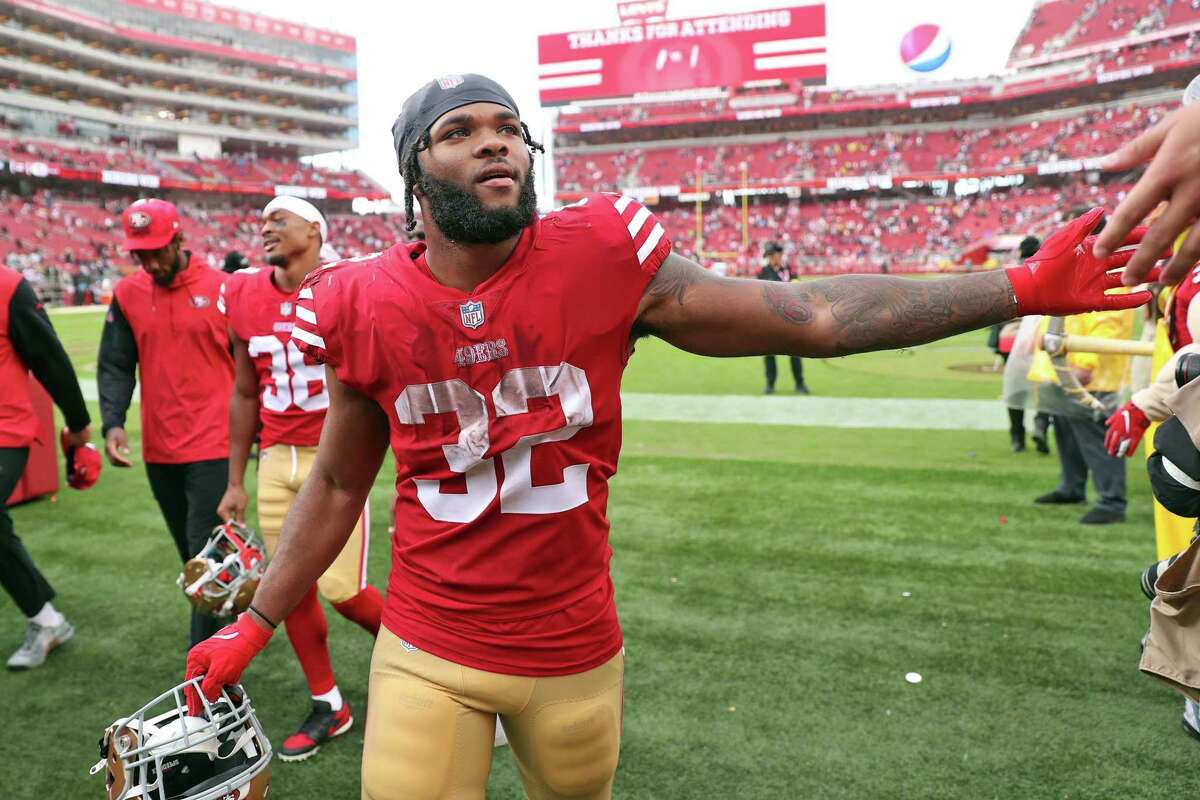 San Francisco 49ers’ Tyrion Davis-Price leaves the field after Niners’ 27-7 win over Seattle Seahawks in NFL game at Levi’s Stadium in Santa Clara, Calif., on Sunday, September 18, 2022.