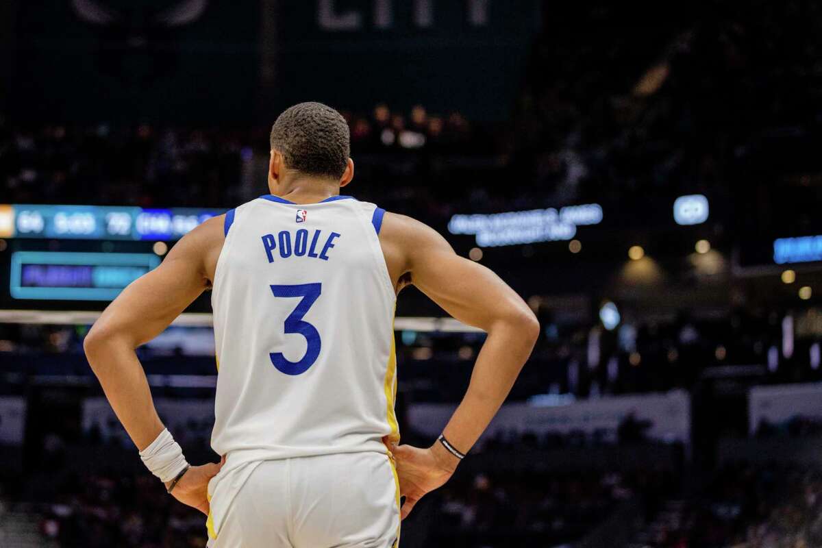 The shoes of Golden State Warriors shooting guard Jordan Poole (3