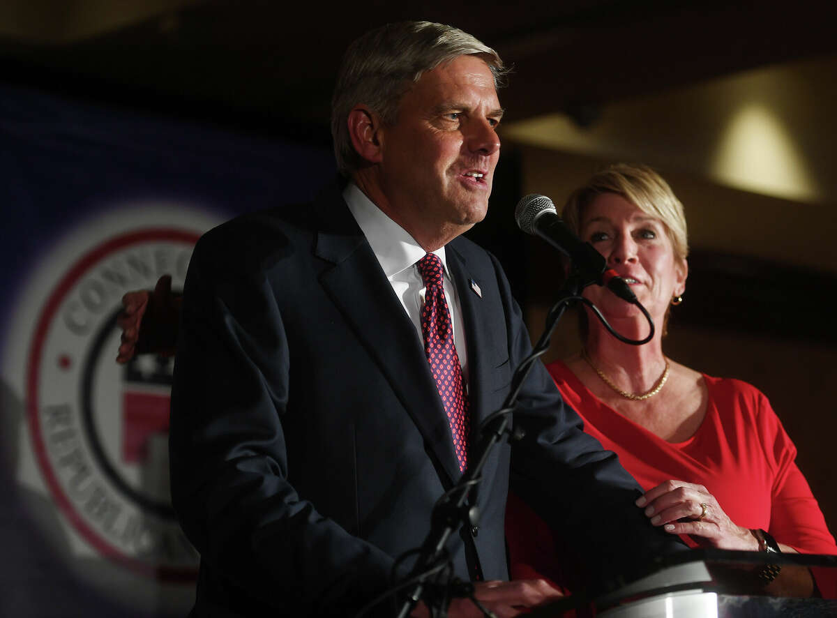 Republican candidate for governor Bob Stefanowski, left, and running mate Laura Devlin refuse to concede the race at state Republican headquarters at the Trumbull Marriott hotel in Trumbull, Conn. on Tuesday, November 8, 2022. 