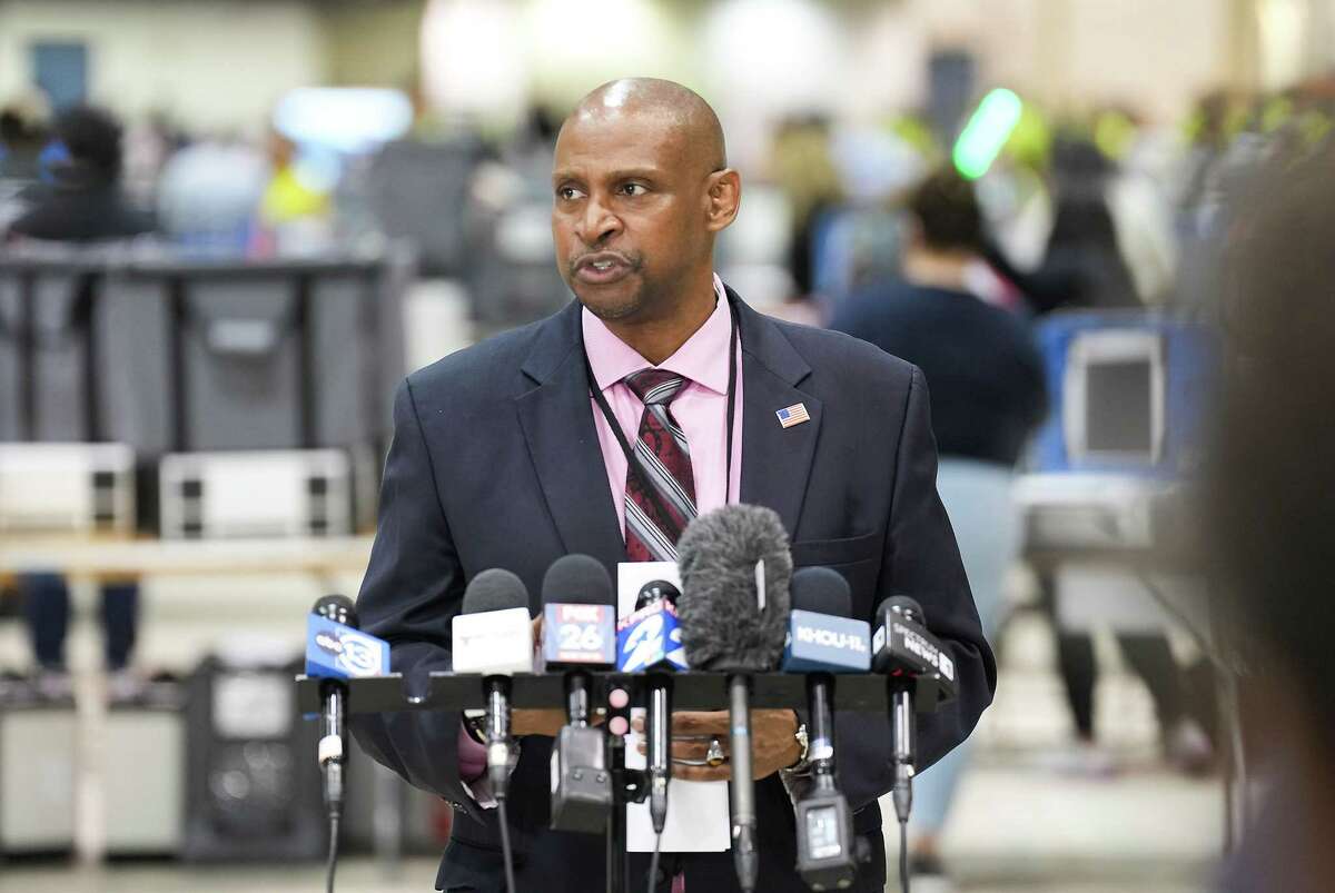 Clifford Tatum, Harris County Elections Administrator, addresses the media as ballots are counted at NRG Arena on Tuesday, Nov. 8, 2022 in Houston.