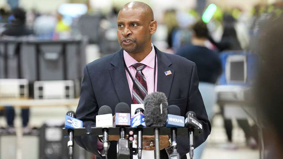 Clifford Tatum, Harris County Elections Administrator, addresses the media as ballots are counted at NRG Arena on Tuesday, Nov. 8, 2022 in Houston.