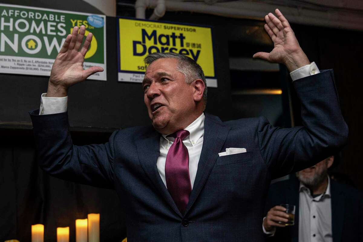 San Francisco Supervisor Matt Dorsey, who is running for the supervisor seat in District Six, gestures during a gathering on election night at Folsom Street Foundry in San Francisco, California Tuesday, Nov. 8, 2022.