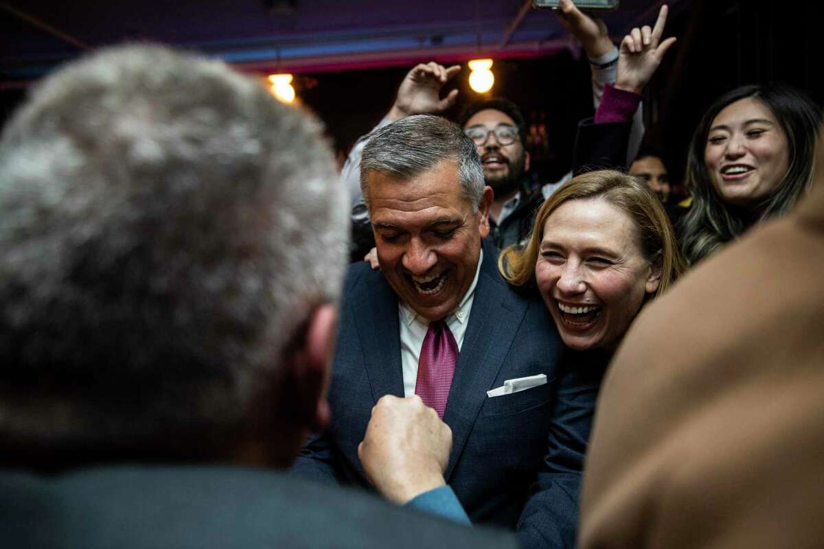 San Francisco Supervisor Matt Dorsey, who is running for the supervisor seat in District Six, reacts with supporters after the first round of ballot results during a gathering on election night at Folsom Street Foundry in San Francisco, California Tuesday, Nov. 8, 2022.