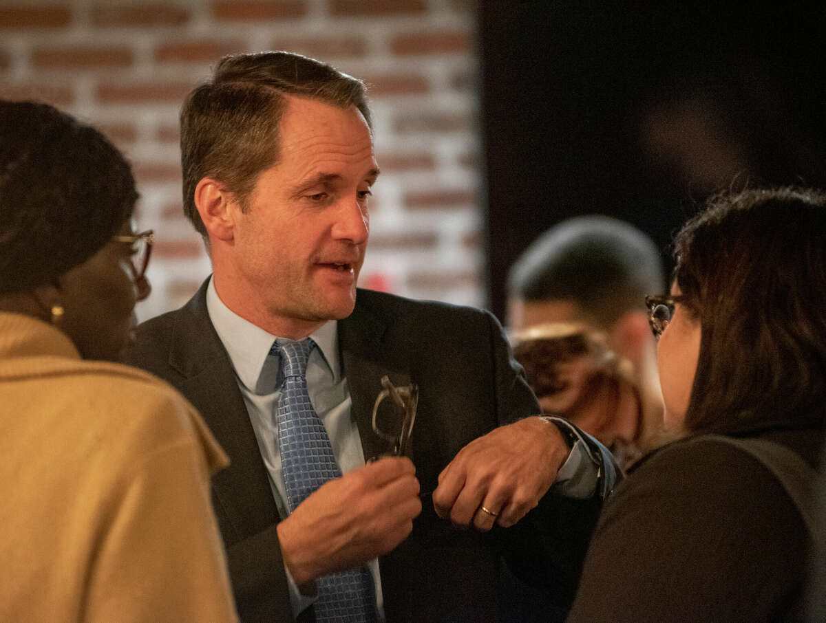 Rep. Jim Himes, D-4, arrives at the Stamford Democratic City Committee gathering late Tuesday evening, Nov. 8, 2022.