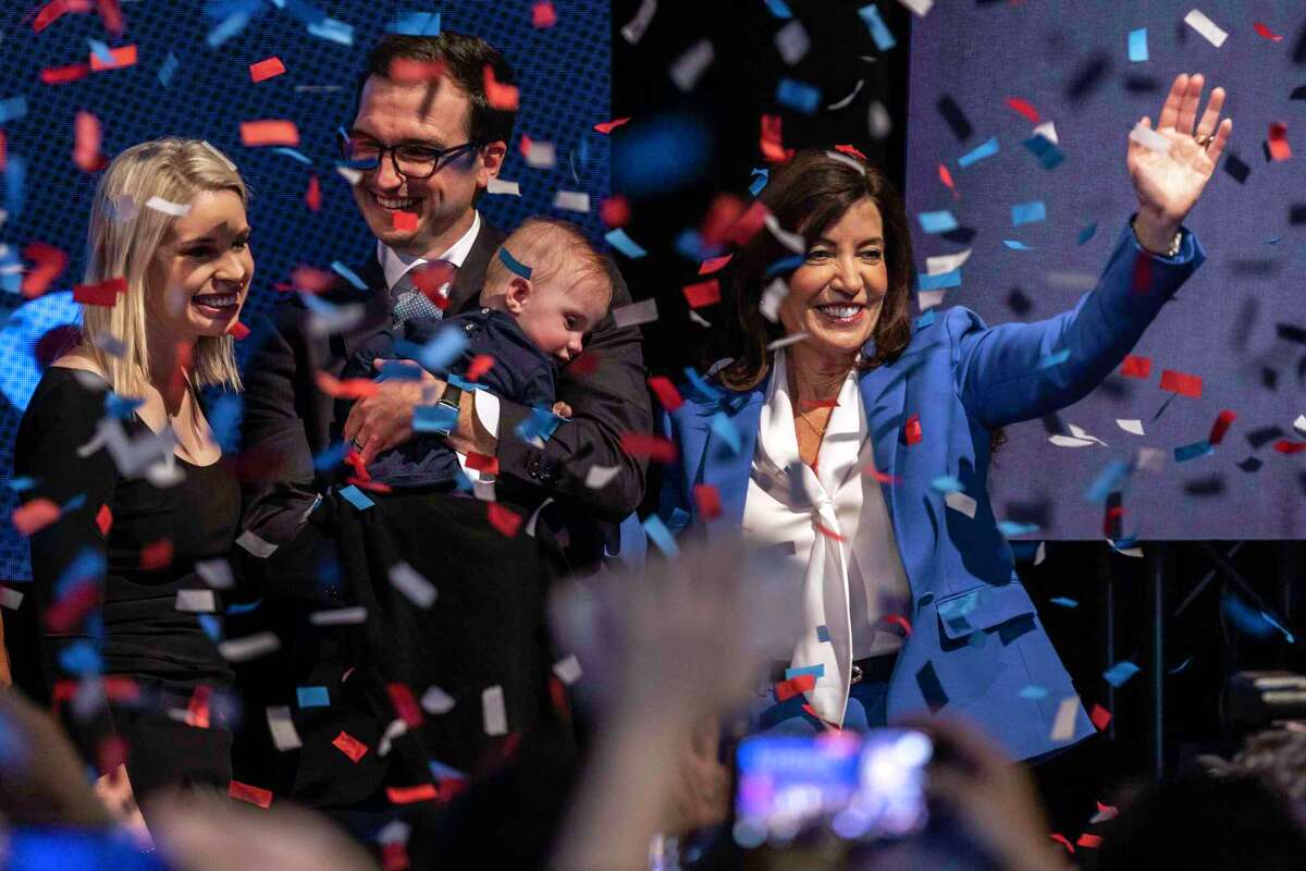 NEW YORK, NY - NOVEMBER 08: New York Gov. Kathy Hochul (R) celebrates her win during an election night party during on November 8, 2022 in New York City. Gov. Kathy Hochul defeated Republican challenger Lee Zeldin to become the state's first woman to be elected governor .