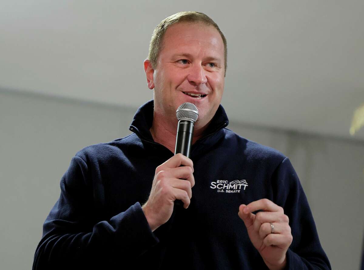 Eric Schmitt talks to a crowd of supporters during a campaign stop in Manchester, Mo., on Monday. Schmitt defeated Democratic Trudy Bush Valentine to succeed retiring U.S. Sen. Roy Blunt, R-MO.