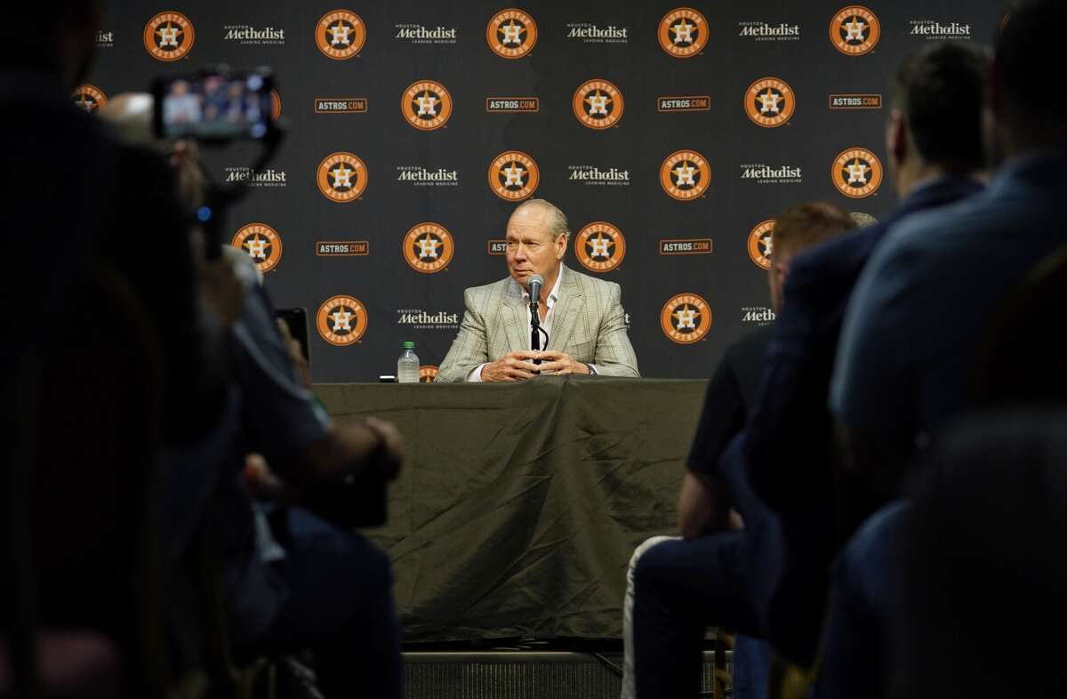 Houston Astros owner Jim Crane speaks during a press conference to announce manager Dusty Baker's one-year contract extension as manager Wednesday, Nov. 9, 2022, at Minute Maid Park in Houston.