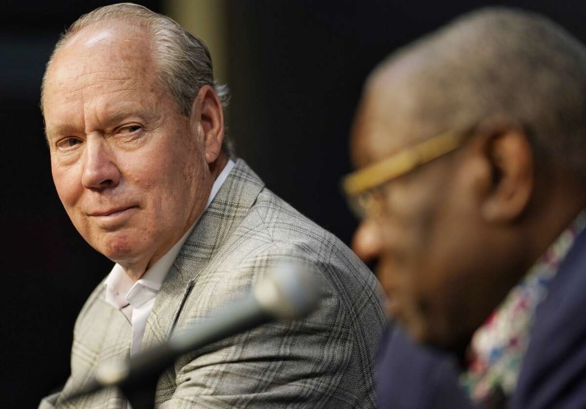 Houston Astros owner Jim Crane, left, and manager Dusty Baker speak during a press conference to announce Baker's one-year contract extension as manager Wednesday, Nov. 9, 2022, at Minute Maid Park in Houston.