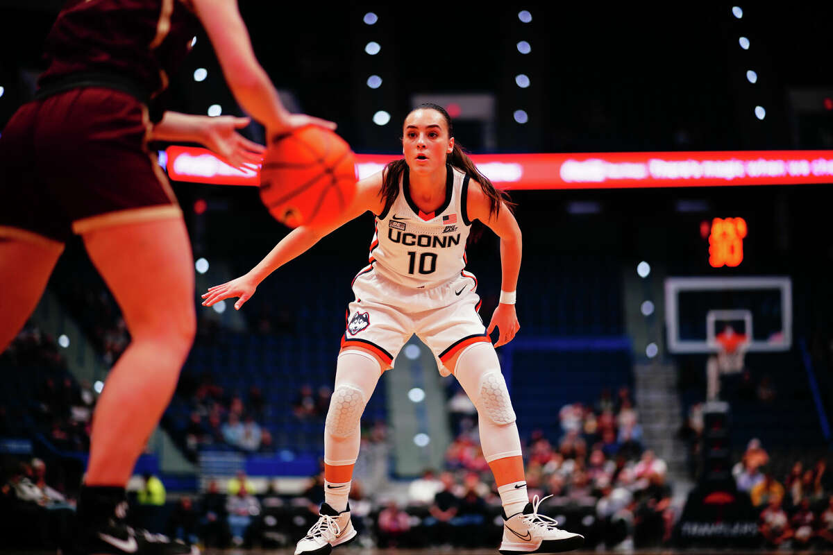 UConn guard Nika Muhl in action against Kutztown in a preseason exhibition game on Nov. 6, 2022 at the XL Center in Hartford.