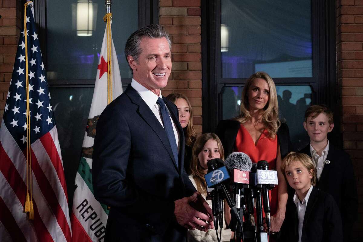 Gov. Gavin Newsom speaks on at the Citizen Hotel in downtown Sacramento, Calif. after being re-elected on Nov. 8, 2022.