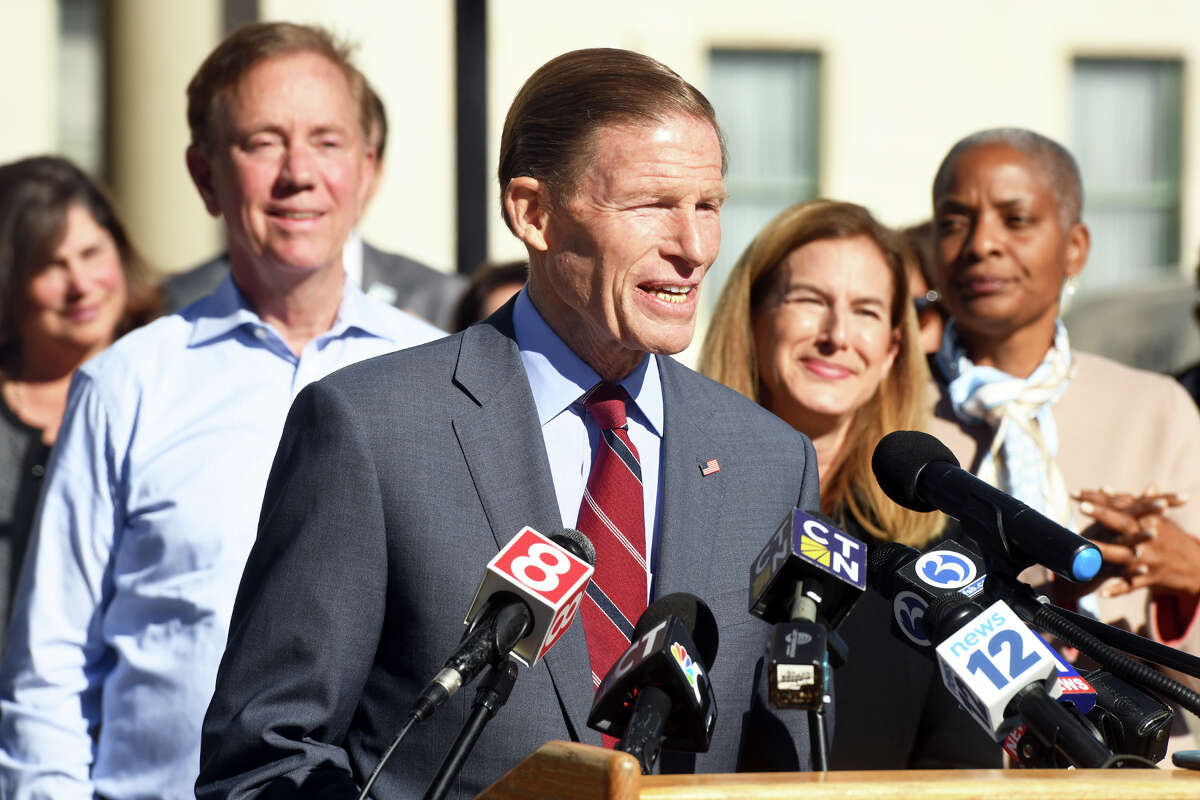 U.S. Sen. Richard Blumenthal speaks during a news conference in front of the State Capitol, in Hartford, Conn. Nov. 9, 2022. Blumenthal joined Gov. Ned Lamont and other state Democrats to speak about the results of Tuesdayâs elections.