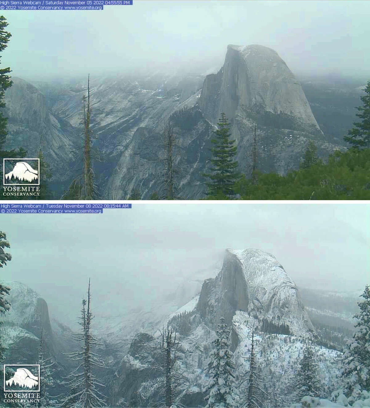 Contrasting views of Half Dome in Yosemite National Park, CA, as seen from a webcam atop Sentinel Dome on Saturday, Nov. 5, top, and after recent snow on Tuesday Nov. 8, below.