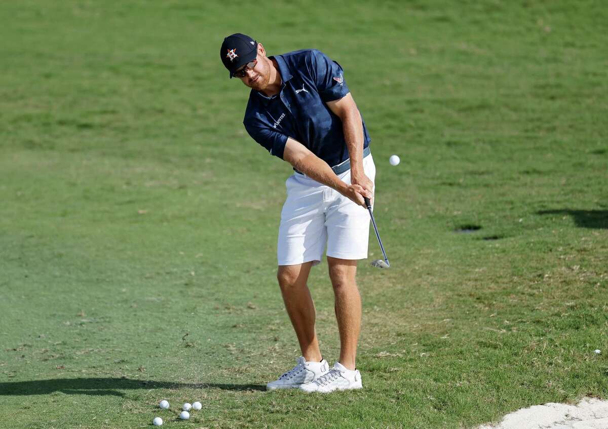 Kyle Westmoreland plays on the driving range during the Houston Open Pro-Am at Memorial Park Golf Course in Houston, TX on Wednesday, November 9, 2022.