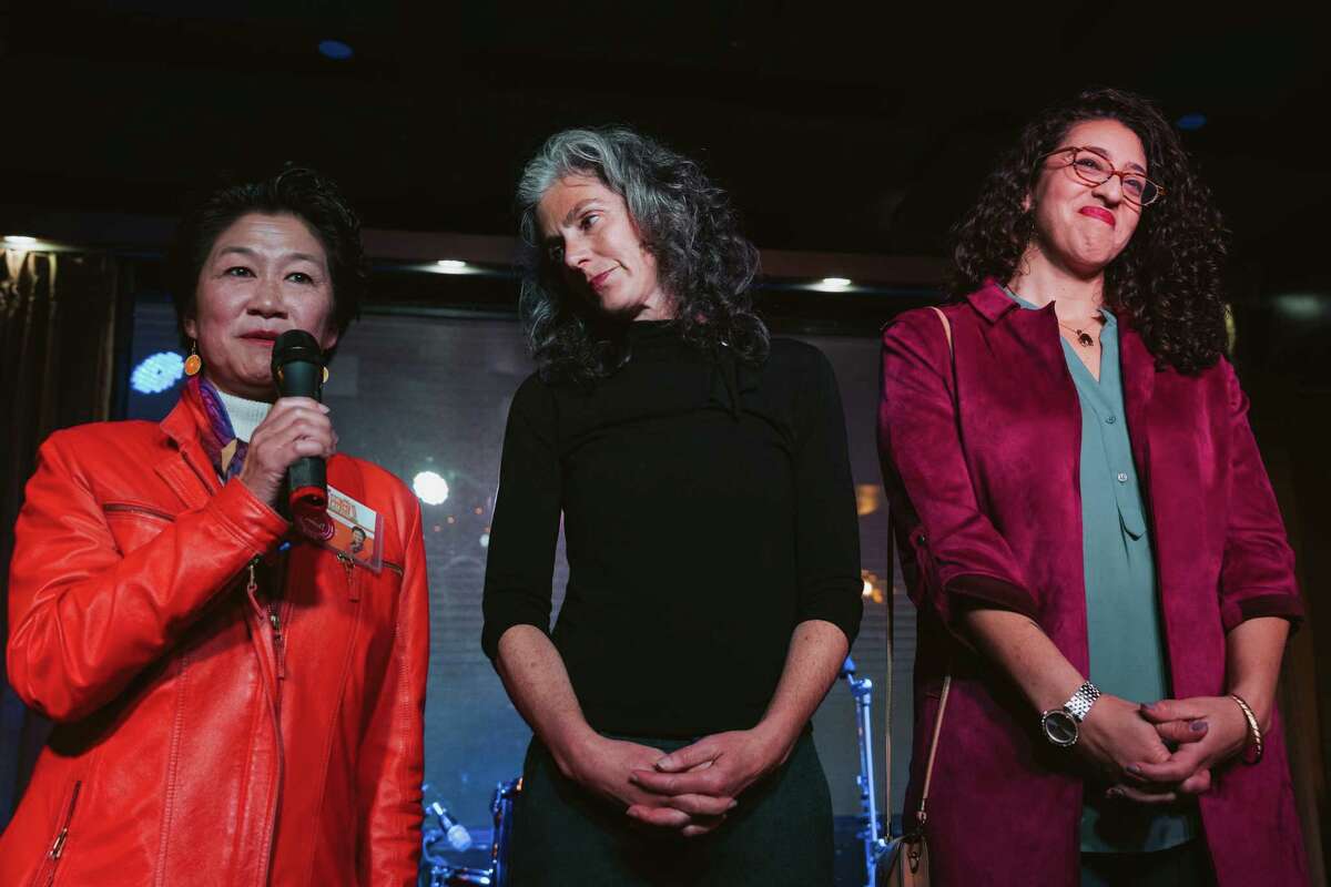 Mayoral school board appointees Ann Hsu, Lainie Motamedi, and Lisa Weissman-Ward on stage at the Lion's Den on election night, Nov. 8, 2022 in San Francisco, Calif.