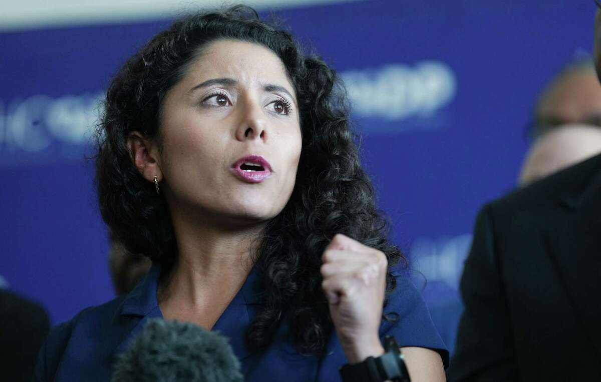 Harris County Judge Lina Hidalgo gives a speech at the Harris County Democratic Party headquarters after being reelected for a second term on Wednesday, Nov. 9, 2022 in Houston. Hidalgo’s Republican opponent, Alexandra del Moral Mealer raised 4x the amount of fundraising money in her bid.