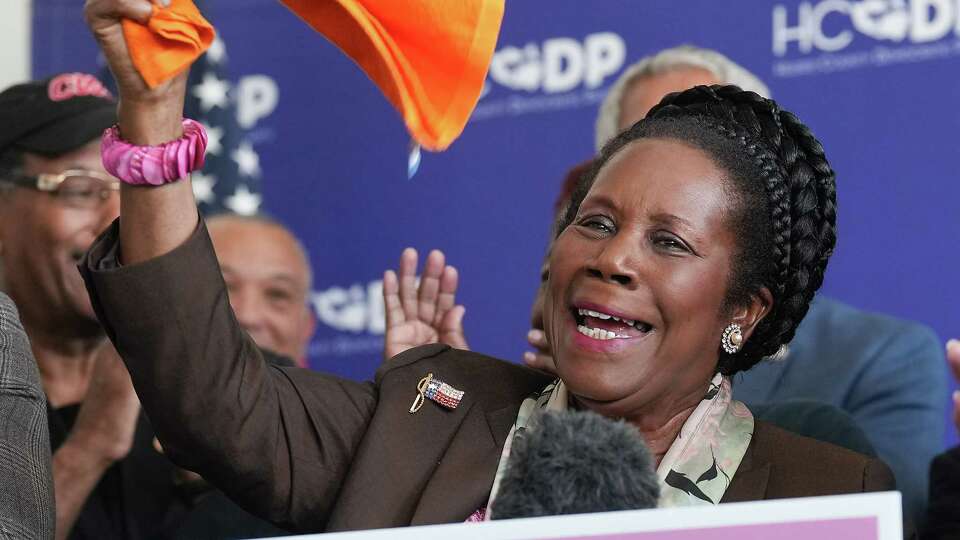 U.S. Rep. Sheila Jackson Lee holds up an Astros rally towel while speaking during an event at the Harris County Democratic Party headquarters after Lina Hildago won reelection for Harris County Judge on Wednesday, Nov. 9, 2022 in Houston. Hidalgo’s Republican opponent, Alexandra del Moral Mealer raised 4x the amount of fundraising money in her bid.