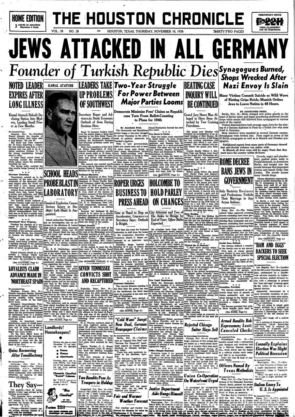 Houston Chronicle front page for Nov. 10, 1938.
