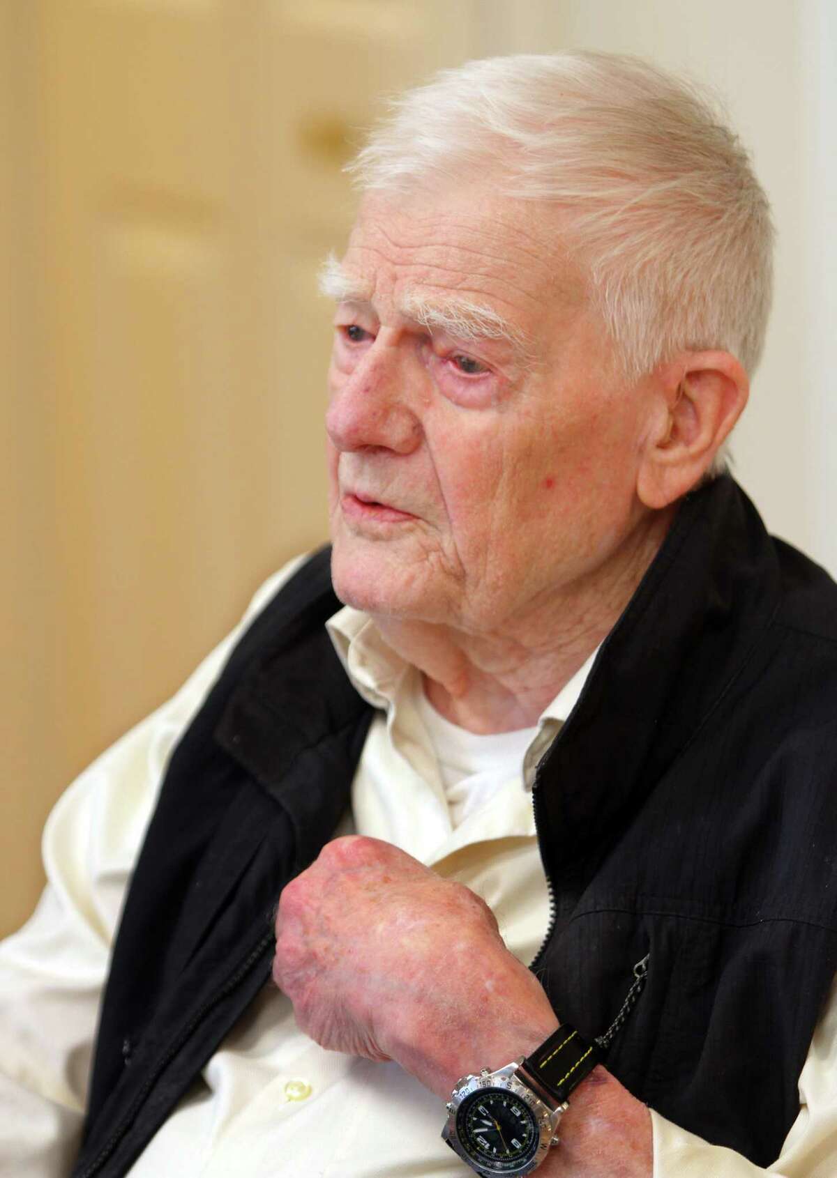 George Ongley, a WWII veteran who served in the US Navy, joined up with several other WWII vets who are residents at Whitney Center, to speak about their time in the military ahead of Veterans Day in Hamden, Conn., on Wednesday November 9, 2022.
