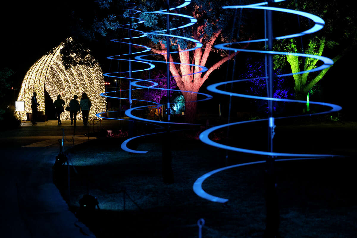 Families and friends walk through "Lightscape," a holiday light show paying its second annual visit to the San Antonio Botanical Garden. It features a mile-long trail filled with illuminated installations.