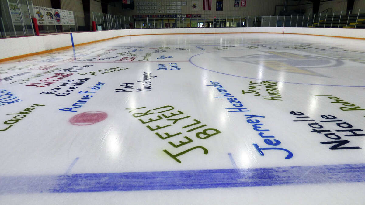 Names of area military veterans were added to the playing surface at the East Alton Ice Arena earlier this week. Ice Arena volunteers worked 16 hours overnight Tuesday to paint 65 names on the ice, then resurfaced ice on top of the names. 