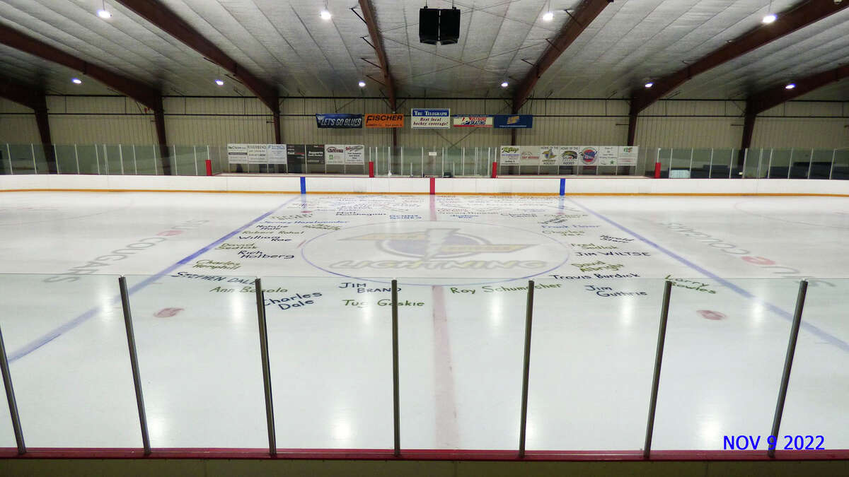 Names of area military veterans were added to the playing surface at the East Alton Ice Arena earlier this week. Ice Arena volunteers worked 16 hours overnight Tuesday to paint 65 names on the ice, then resurfaced ice on top of the names. 