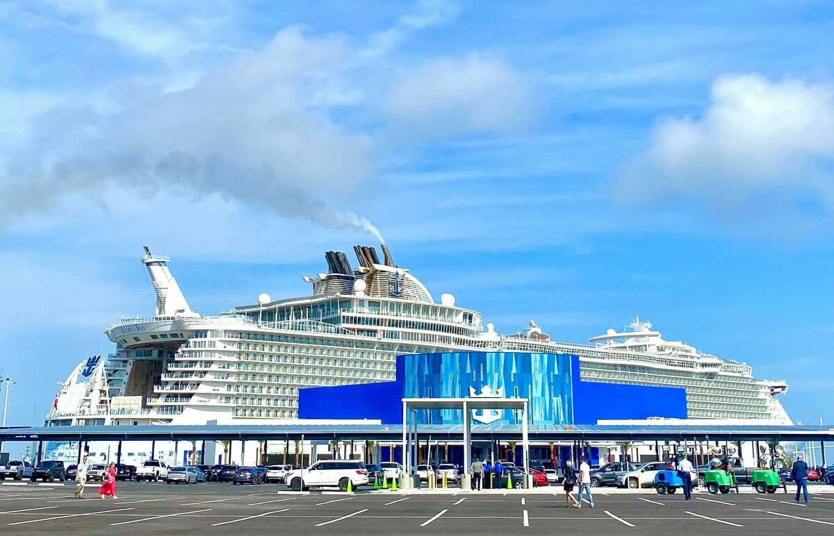 Royal Caribbean's new cruise terminal and its Oasis Class ship, the Allure of the Seas, docked at the Port of Galveston.