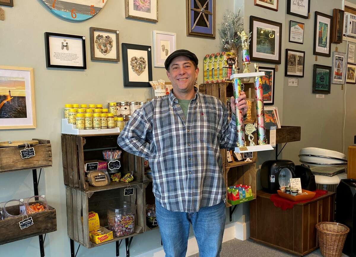 Port City Emporium (co-owner Pat Shaffer pictured) was a winner for the 2021 Manistee County Community Christmas decorating contest in the business category.